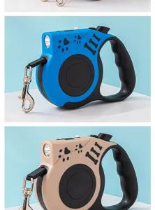 Close-up of automatic retractable dog leash with built-in LED light in blue and beige