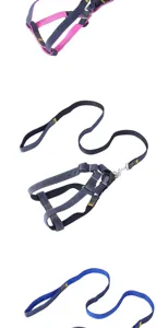 Detail view of denim pet harness and leash sets in pink, blue, and navy colors