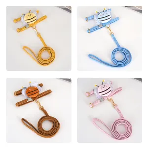 Detailed view of adjustable H-shape cat harnesses in yellow, blue, brown, and pink with bee decor