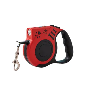 Automatic retractable red dog leash with built-in LED flashlight and bone pattern