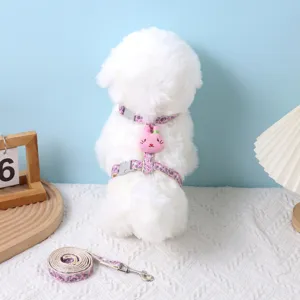 Floral adjustable pet harness and leash set for small dogs and cats on white pet
