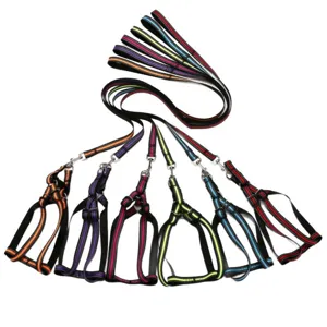 Adjustable reflective dog harness and leash set in various colors for night walking