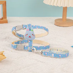 Adjustable blue pet harness and leash set with cute cartoon rabbit decoration