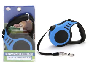 Professional blue 16.5ft retractable dog leash with 33lb weight limit and nylon tape