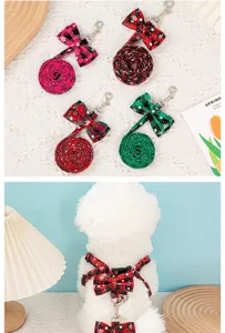 Detailed view of snowflake pattern plaid pet harness and leash set with cute bowknot