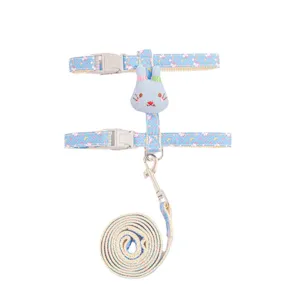 Adjustable blue H-shape pet harness and leash set with cute rabbit ornament for cats
