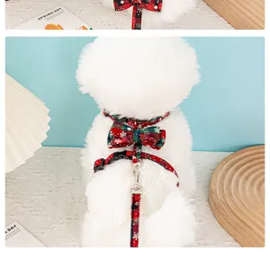 Detailed view of Christmas snowflake dog harness and leash set with a cute bow tie
