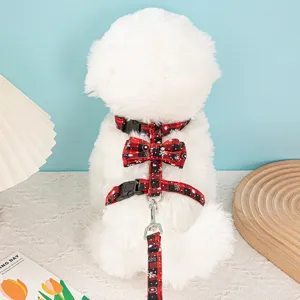 Red Christmas plaid pet harness and leash set with snowflake pattern and bow