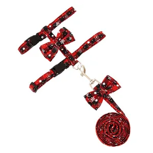 Christmas pet harness and leash set with red black plaid and white snowflake pattern design