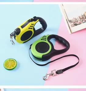 Detail view of colorful retractable dog leashes on a minimalist split background