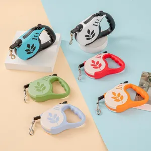 Portable Retractable Dog Leash Automatic Leash With Leaf Print Ergonomic Handle And Nylon Strap For Walking Training Pets