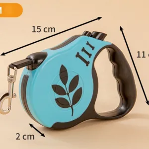 Blue retractable dog leash with leaf design and clear size dimensions 15x11cm