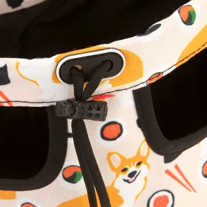 Close-up of drawstring closure on portable corgi-patterned pet carrier backpack.