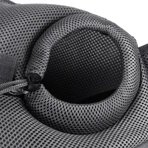 Macro view of the breathable mesh opening with adjustable drawstring for pet carrier bags