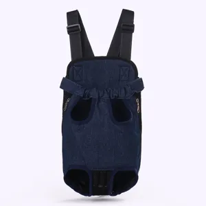 Front view of blue denim pet carrier backpack with adjustable black straps for small dogs.