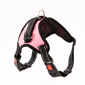 Pink pet harness with reflective straps and breathable mesh lining