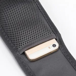 Close-up of the breathable mesh pocket on the gray pet travel bag shoulder strap detail