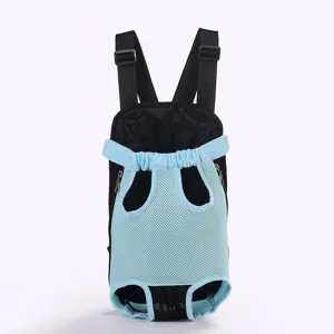 Detail view of a breathable blue mesh pet front carrier backpack for small dogs and cats.