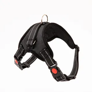 Detail view of a black reflective dog harness with adjustable straps and secure D-ring