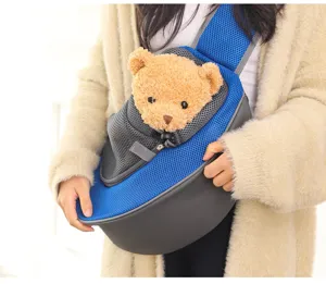 Detailed view of breathable mesh pet sling carrier with adjustable drawstring opening