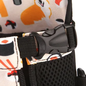 Close-up of durable plastic buckle and mesh on cartoon dog print pet carrier bag