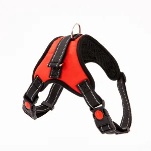 Detailed view of red reflective dog harness with safety buckles and mesh padding