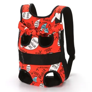 Detailed front view of a red pet backpack carrier featuring rabbit print and mesh sections