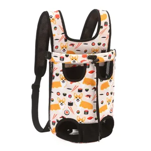 Portable front-facing pet carrier backpack featuring cartoon corgi and sushi print pattern