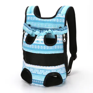 Detailed macro view of a breathable pet carrier backpack with blue geometric pattern