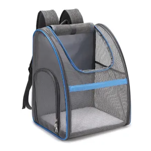 Grey breathable mesh pet carrier backpack for dogs and cats with padded shoulder straps