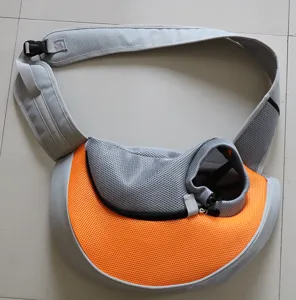 Portable breathable mesh pet sling carrier for cats and small dogs in gray and orange