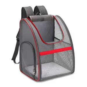 Gray breathable mesh pet carrier backpack with red trim for cats and small dogs