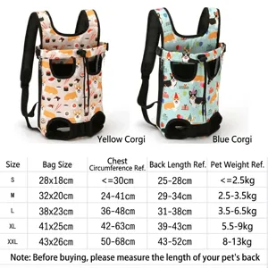 Corgi print portable pet front backpack for small dogs and cats size chart