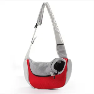 Breathable red and grey mesh pet sling carrier bag for portable cat and dog travel