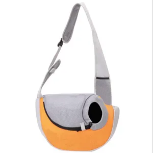 Portable pet shoulder bag with breathable orange and grey mesh for cats and dogs