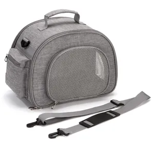 Premium grey portable pet carrier bag with breathable mesh and detachable shoulder strap.