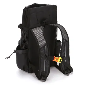Detailed back view of a black breathable pet carrier backpack with mesh shoulder straps