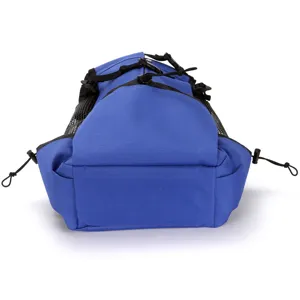 Bottom view of a durable blue pet carrier backpack featuring mesh ventilation and drawstrings