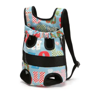 Detail of breathable pet carrier backpack with colorful letter pattern and mesh panels