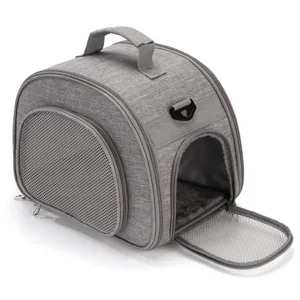 Grey breathable mesh pet carrier bag with top handle, side opening and soft mat