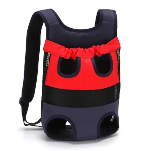 Breathable red and blue pet front carrier backpack with adjustable straps for hiking
