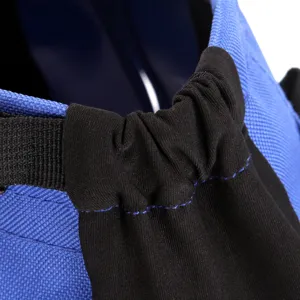 Detail macro view of breathable blue pet carrier backpack with elastic neck opening