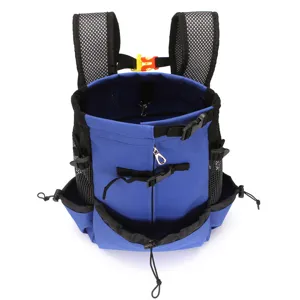 Top view of blue breathable pet carrier backpack with an adjustable drawstring opening