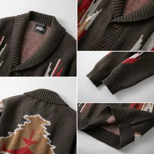 Detailed macro views of retro geometric jacquard knit cardigan textures and patterns