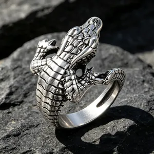 Vintage Crocodile Ring Stainless Steel Animal Punk Gothic Jewelry For Men Unisex Retro Silver Color