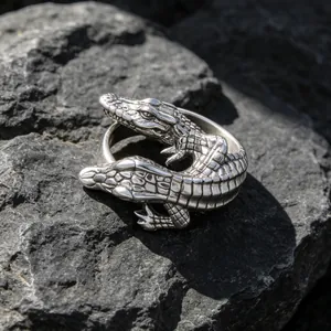 Antique silver-toned vintage crocodile wrap ring for men and women with textured scales