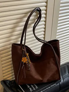 Large Capacity Faux Suede PU Leather Tote Bag For Women Retro Shoulder Bag With Plush Ball Tassel Pendant For Daily Work