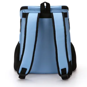 Rückansicht eines hellblauen tragbaren Haustierrucksacks für Katzen und kleine Hunde