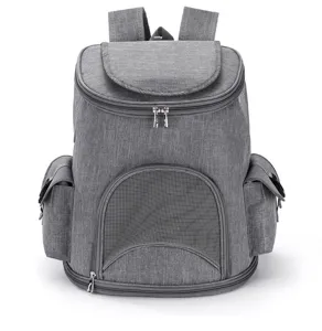 Front view of grey portable pet carrier backpack with breathable mesh and side pockets