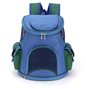 Front view detail of breathable pet backpack with mesh windows and side pockets